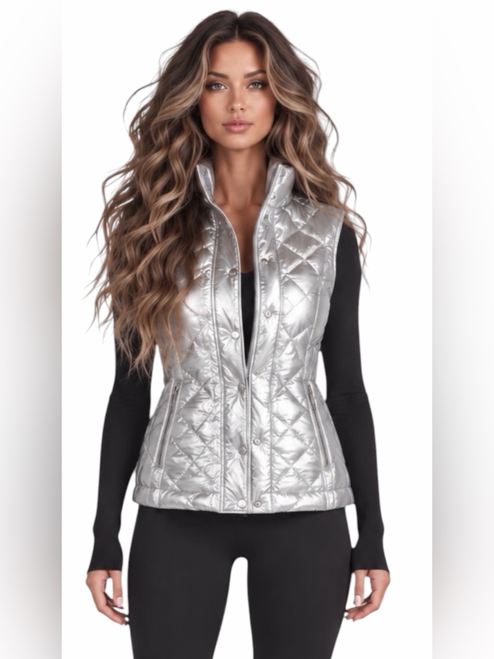 T by Talbots – Metallic Quilted Puffer Vest – Bright Silver – Sz. S